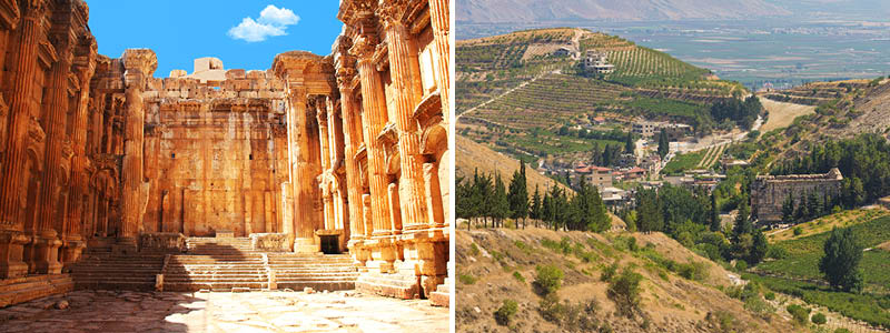 Templet i Baalbeck och vinmarker i Bekaadalen.